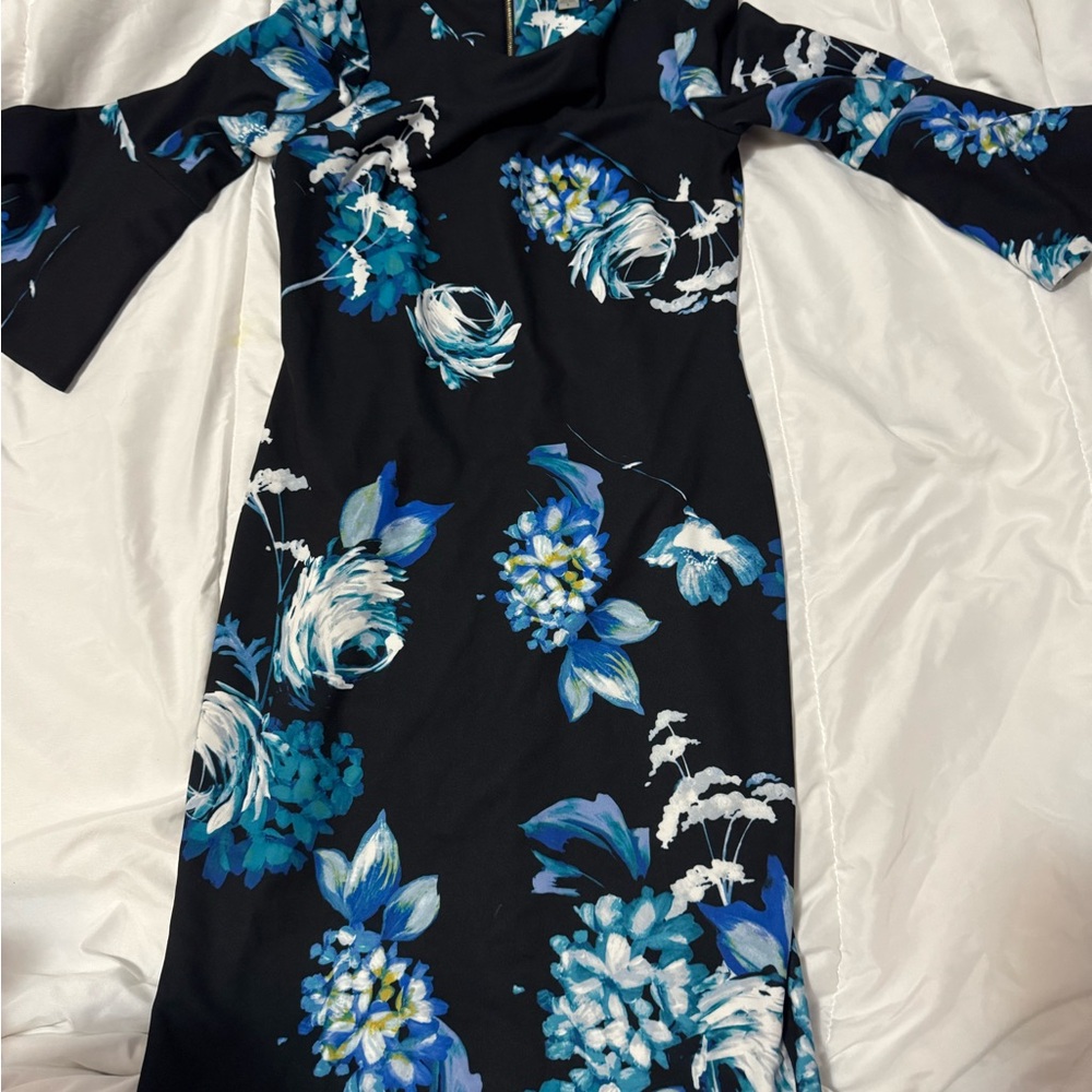 Calvin Klein Black and Blue Long Sleeve Dress